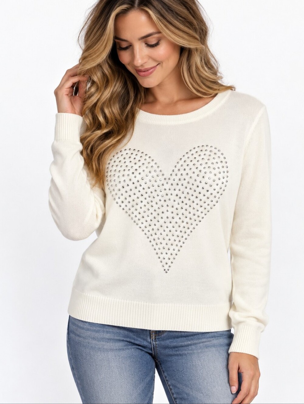 Vila Milano Sweater Womens L Eggshell Rhinestone Heart Wool Blend NWT